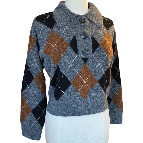 Rails Shae Wool Alpaca Argyle Cropped Sweater Polo Collar Preppy Dark Academia-M - Picture 12 of 12